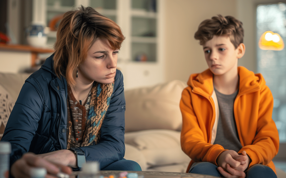 Worried mother with her son counting the remaining ADHD medications