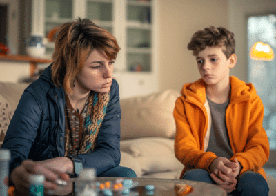 Worried mother with her son counting the remaining ADHD medications